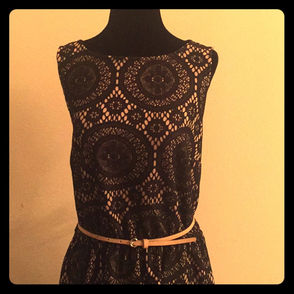 Beige dress with black lace overlay